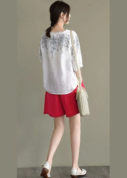 Simple White Loose O-neck Embroideried Summer Linen Blouse Top
