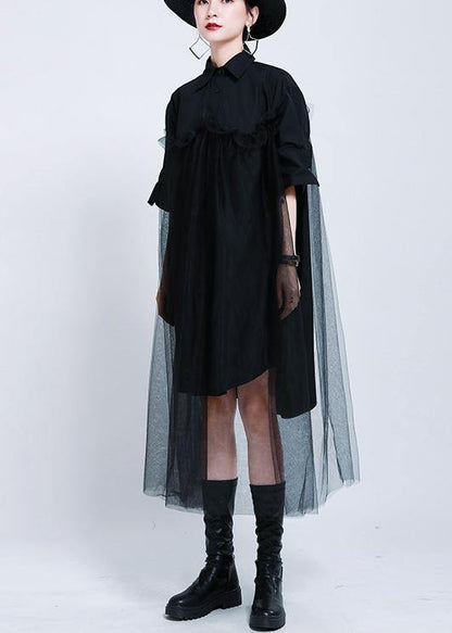 Loose Black Patchwork Lace Shirts Summer Cotton Dress
