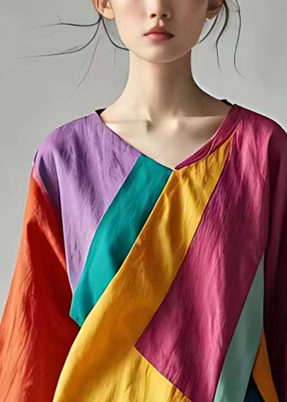Photo Color V Neck Patchwork Linen Tops Half Sleeve