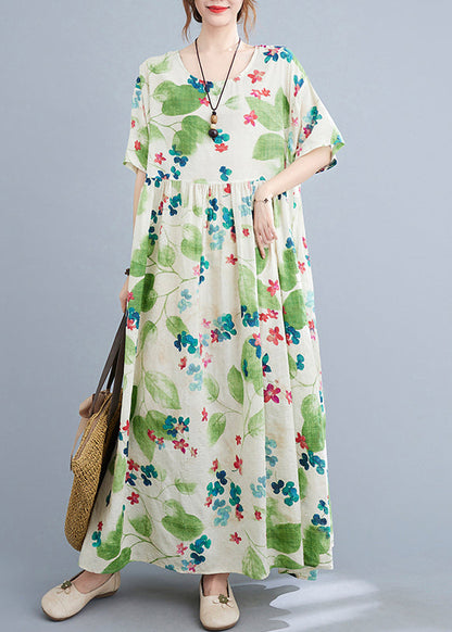 Blue O Neck Print Pockets Cotton Dress Summer