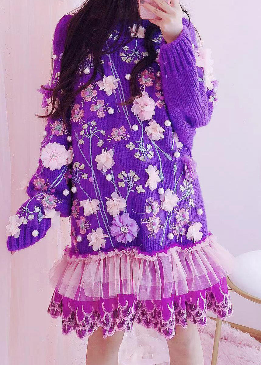 Handmade Purple O-neck Embroideried Tulle Patchwork Knit Mid Dresses Fall