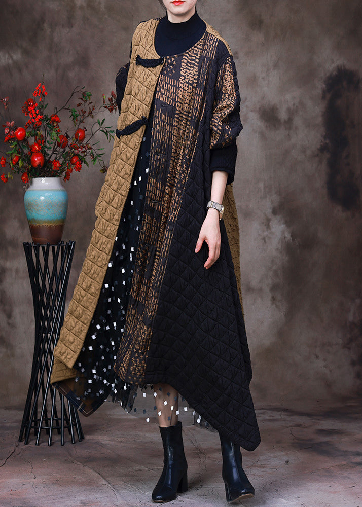 Yellow Patchwork Black Asymmetrical O-neck Thick Maxi Coat Long Sleeve