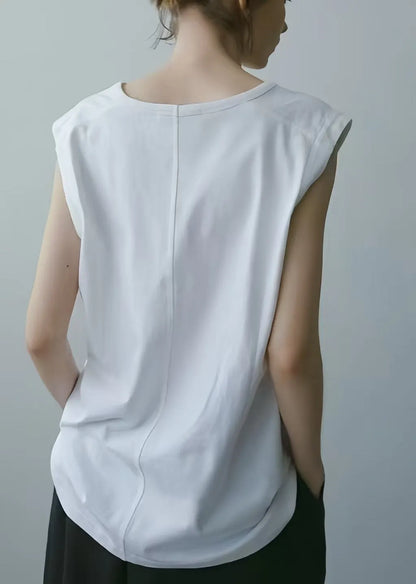Art White V Neck Cotton Tops Sleeveless