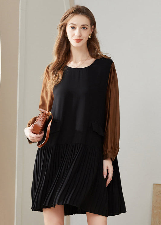 Modern Colorblock O-neck Oversized Patchwork Chiffon Pleated Dress Spring
