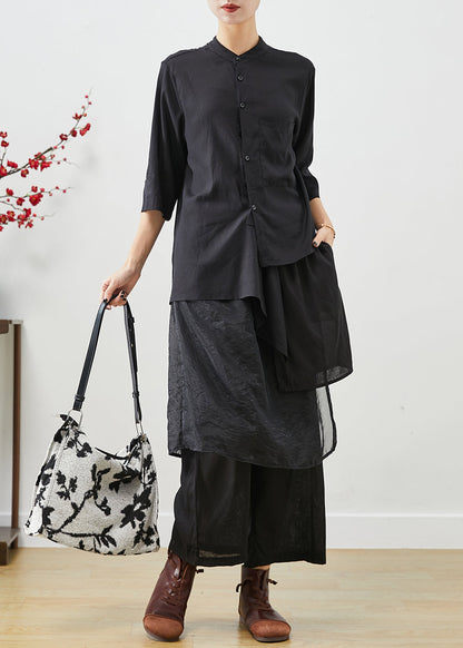 Style Black Asymmetrical Patchwork Linen Silk Two Pieces Set Spring