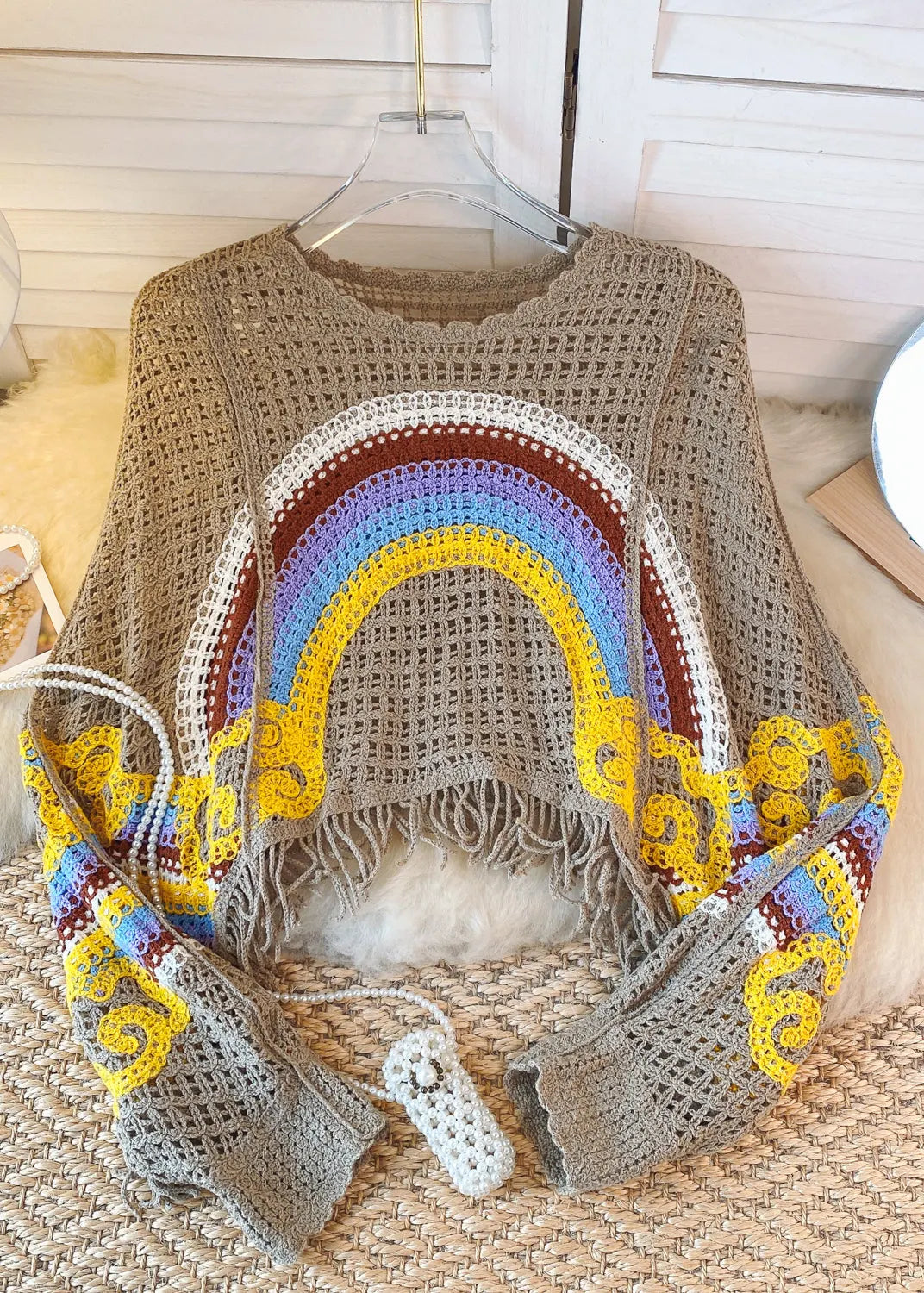 French White Blue Tassel Hollowed Out Rainbow Print Knitted Sweater Autumn