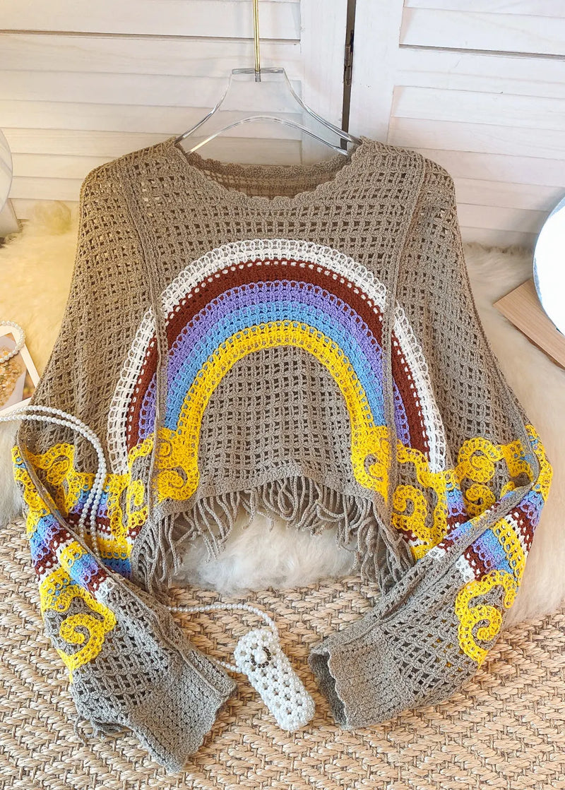 French White Blue Tassel Hollowed Out Rainbow Print Knitted Sweater Autumn