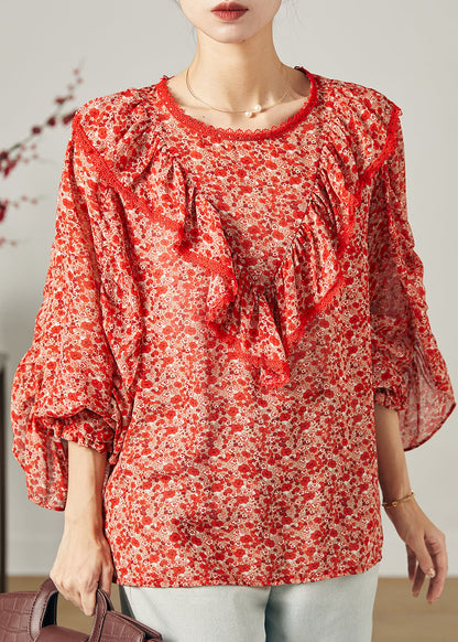 Red Ruffled Print Chiffon Blouse Top Butterfly Sleeve