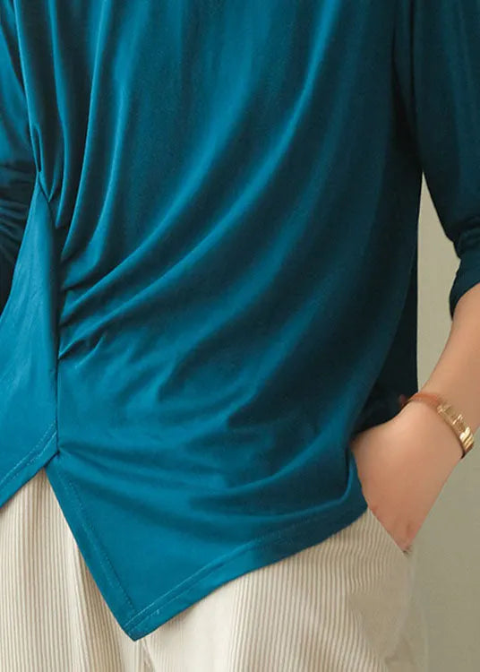 Blue Asymmetrical Design Wrinkled Fall Blouses