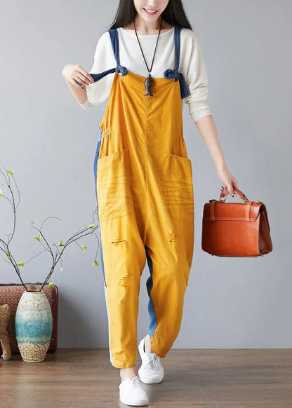 Yellow Pockets Patchwork Denim Jumpsuit Spring