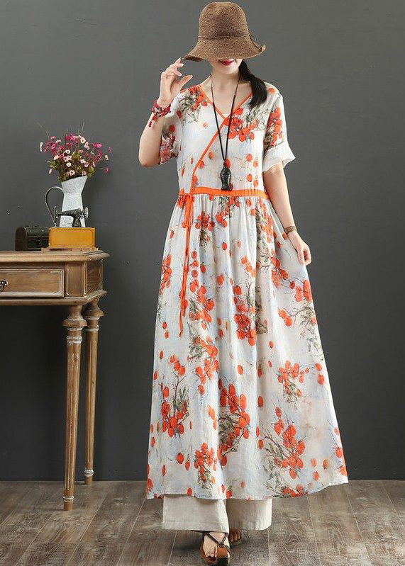 Orange Print Tie Waist Exra Large Hem Cotton Dresses Summer