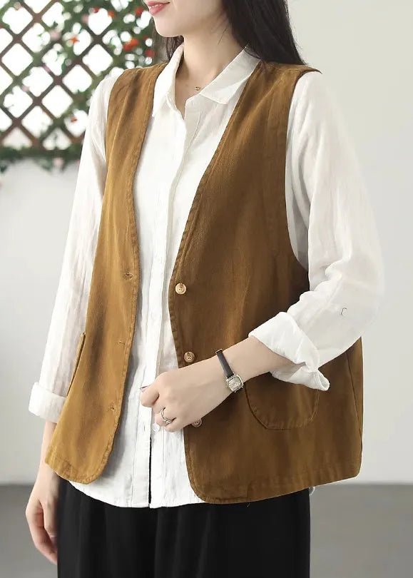 Italian Khaki V Neck Metal Button Down Cotton Vest Top Spring