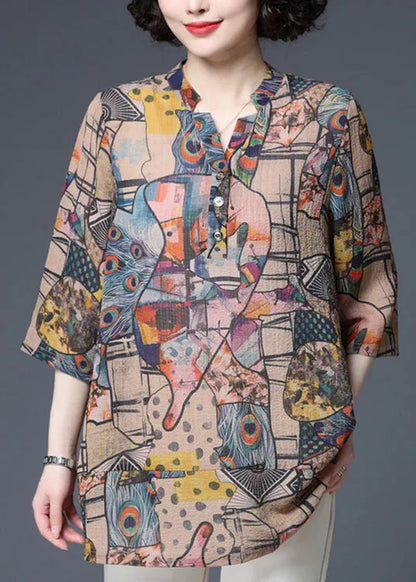 Modern V Neck Print Button Thin Shirt Top Three Quarter Sleeve