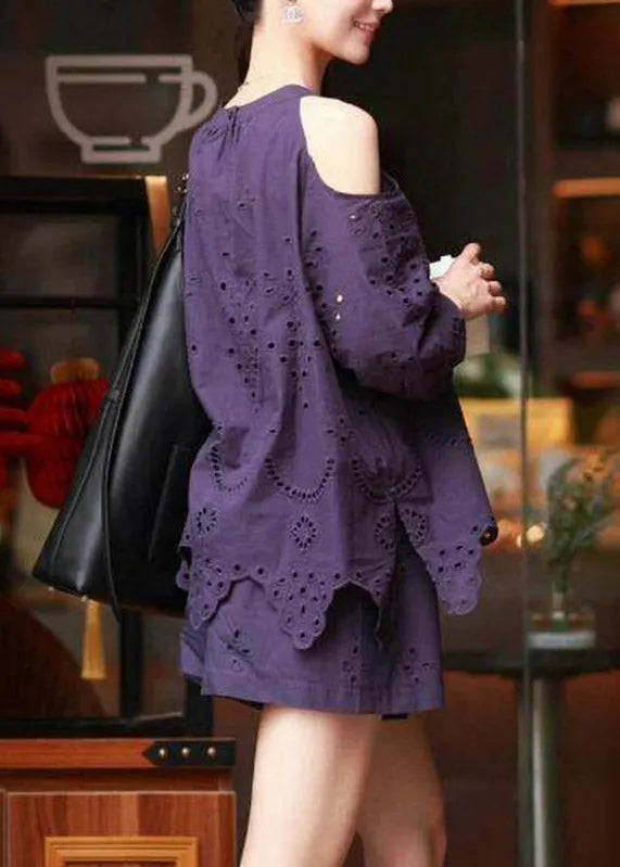 Vogue Purple Hollow Out Top and Shorts Two Piece Set Lantern Sleeve
