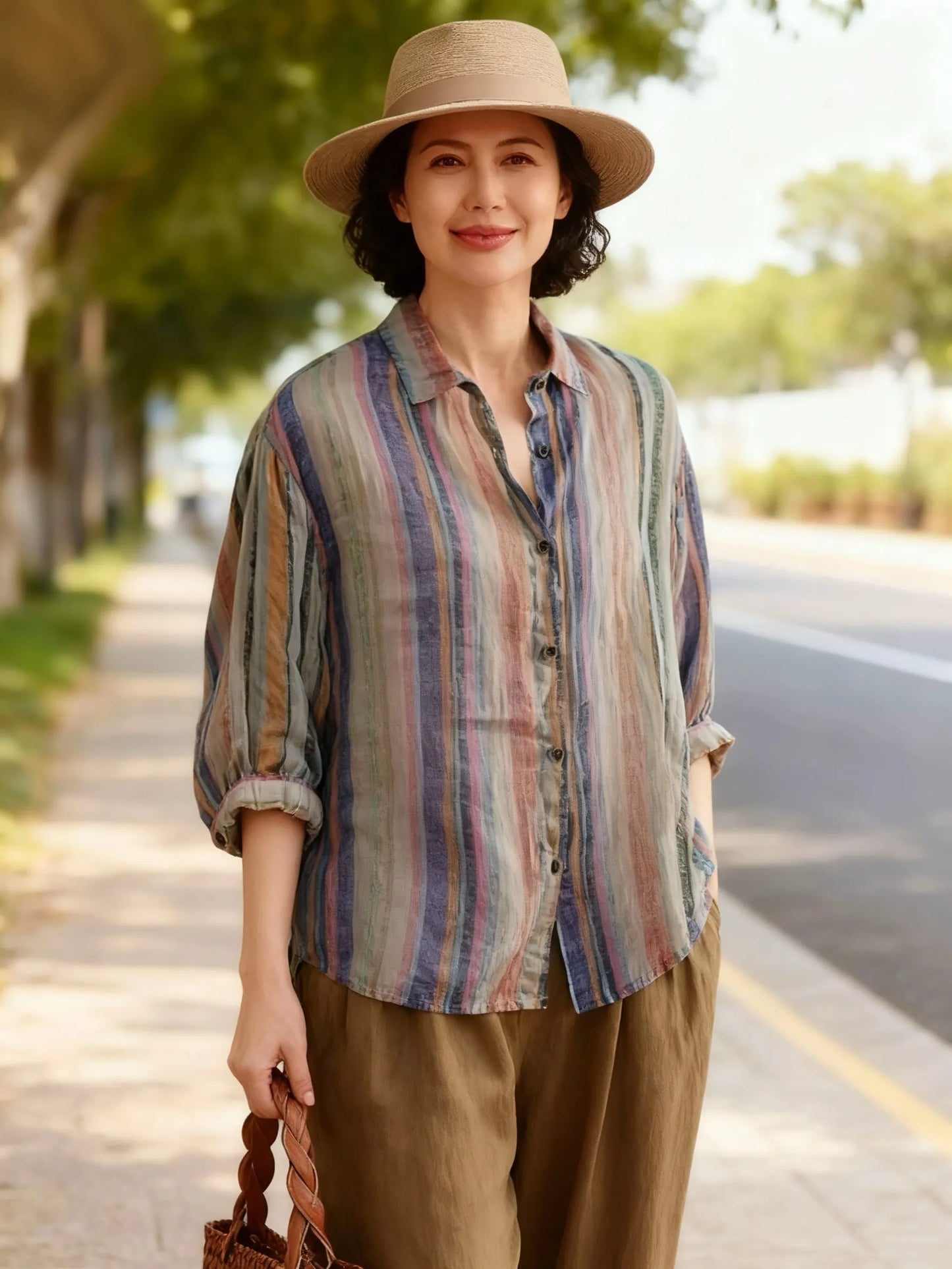 Green Stripe Button Linen Shirt Peter Pan Collar Fall