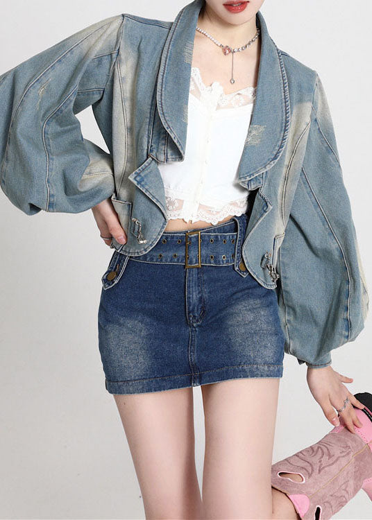 Blue Patchwork Denim Coats Lantern Sleeve