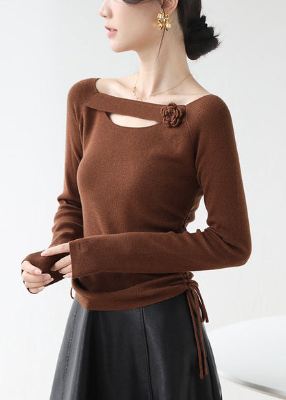 Classy Red Cinched Hollow Out Knit Shirts Winter