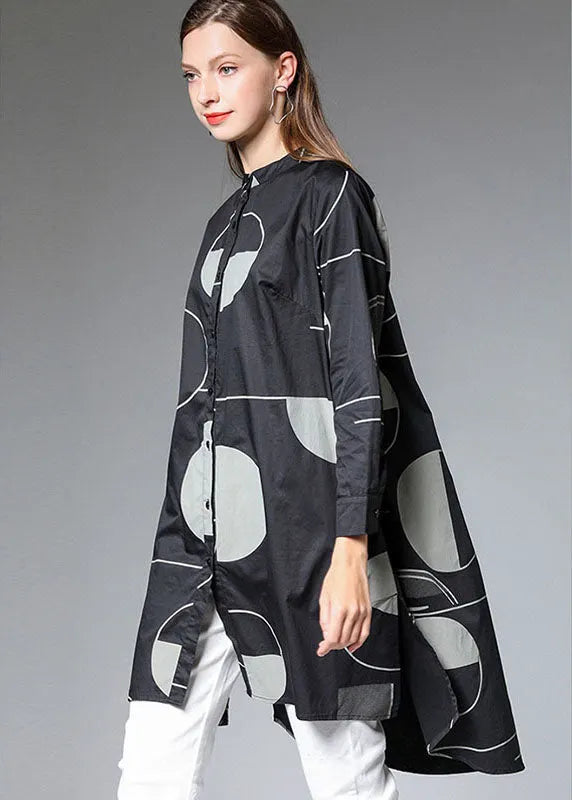 Modern Black Geometric Low High Design Side Open Long Shirts Shirts Fall