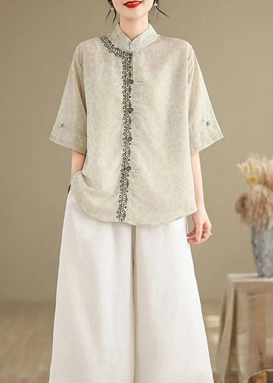 Chinese Style Stand Collar Jacquard Embroidered Cotton Top Summer