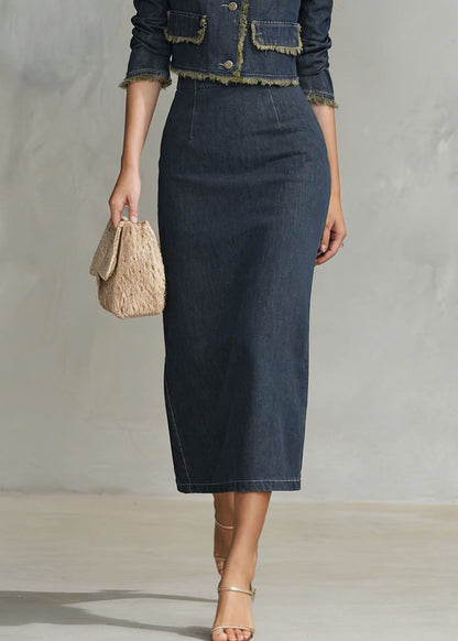 Navy V Neck Coat and Skirts Denim Two Piece Set Spring