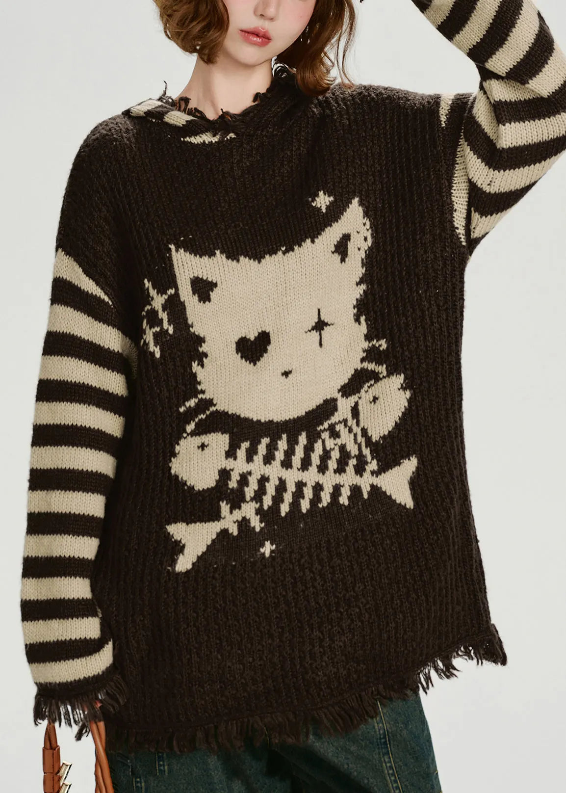 Style Choaolate Hooded Tasseled Knit Loose Sweater Winter