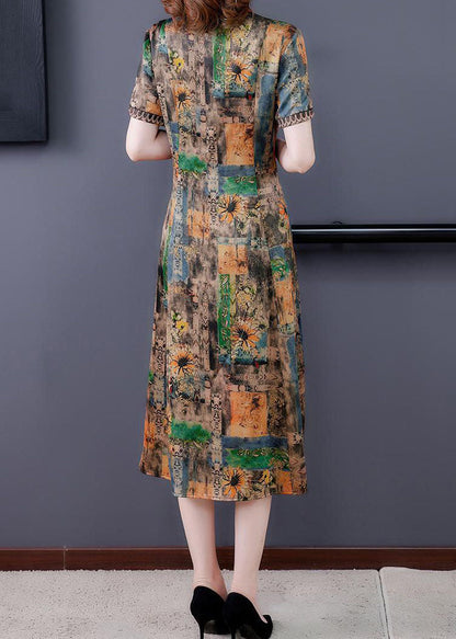 Yellow Peter Pan Collar Print Silk Dresses Summer