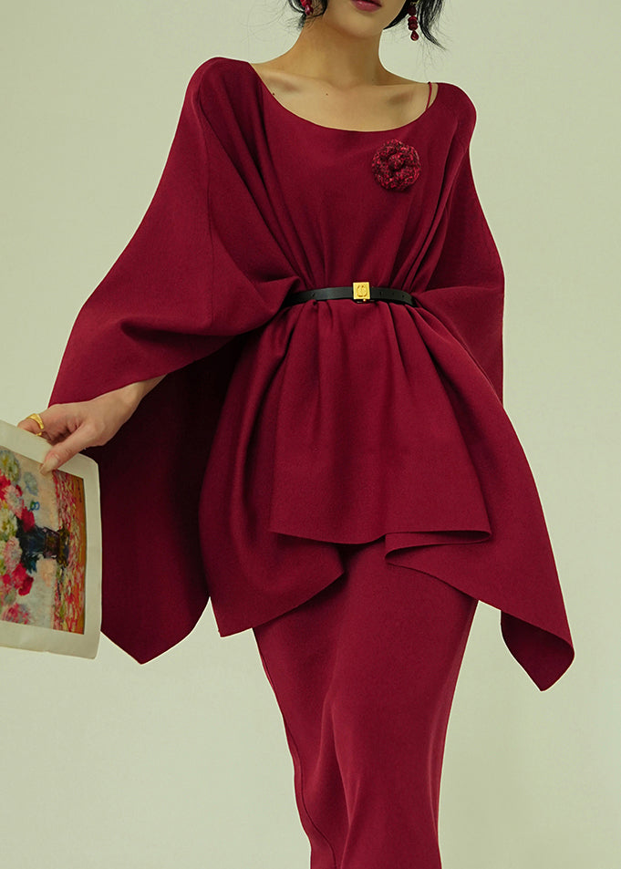 Art Red O-neck Coat and Spaghetti Strap Dress Knit Two Piece Set Fall