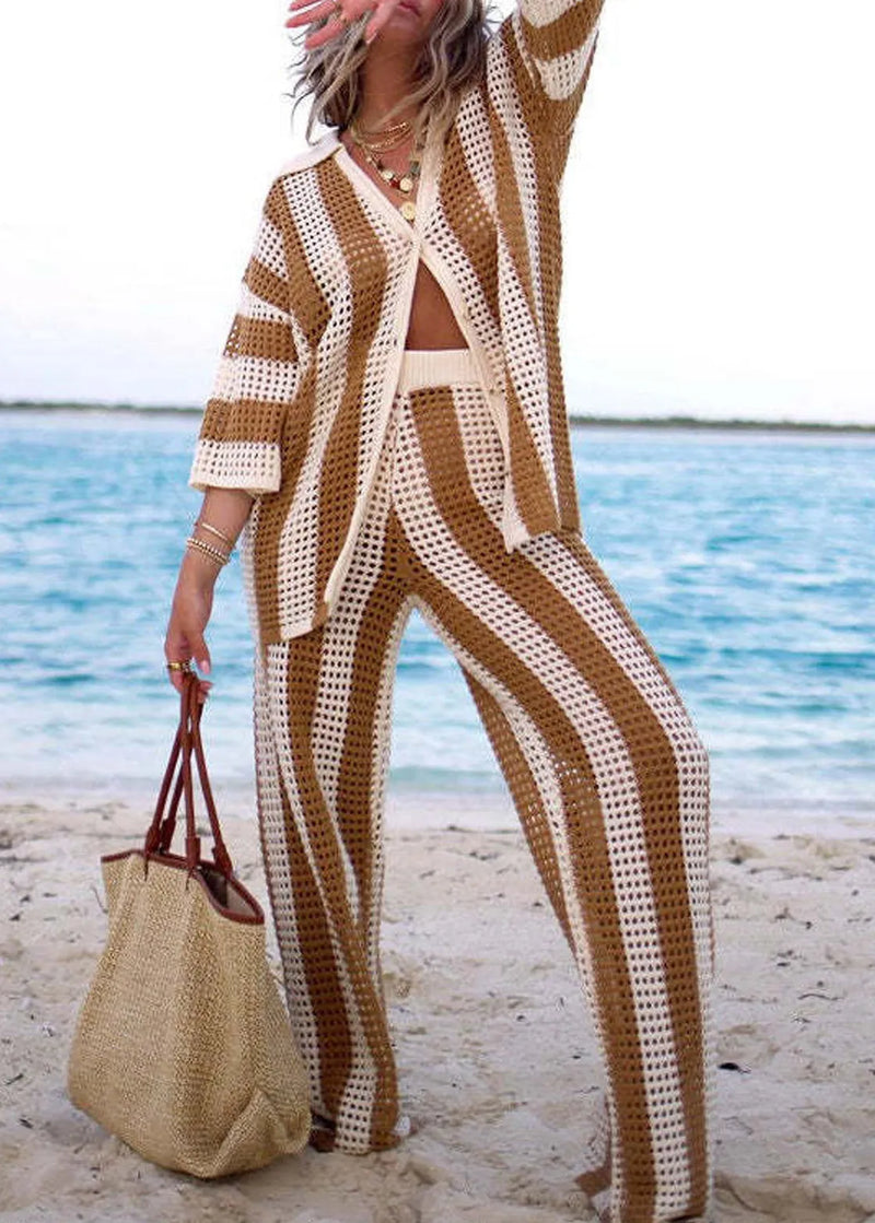 French Khaki Hollow Out Tops and Pants Knit Two Pieces Set Long Sleeve
