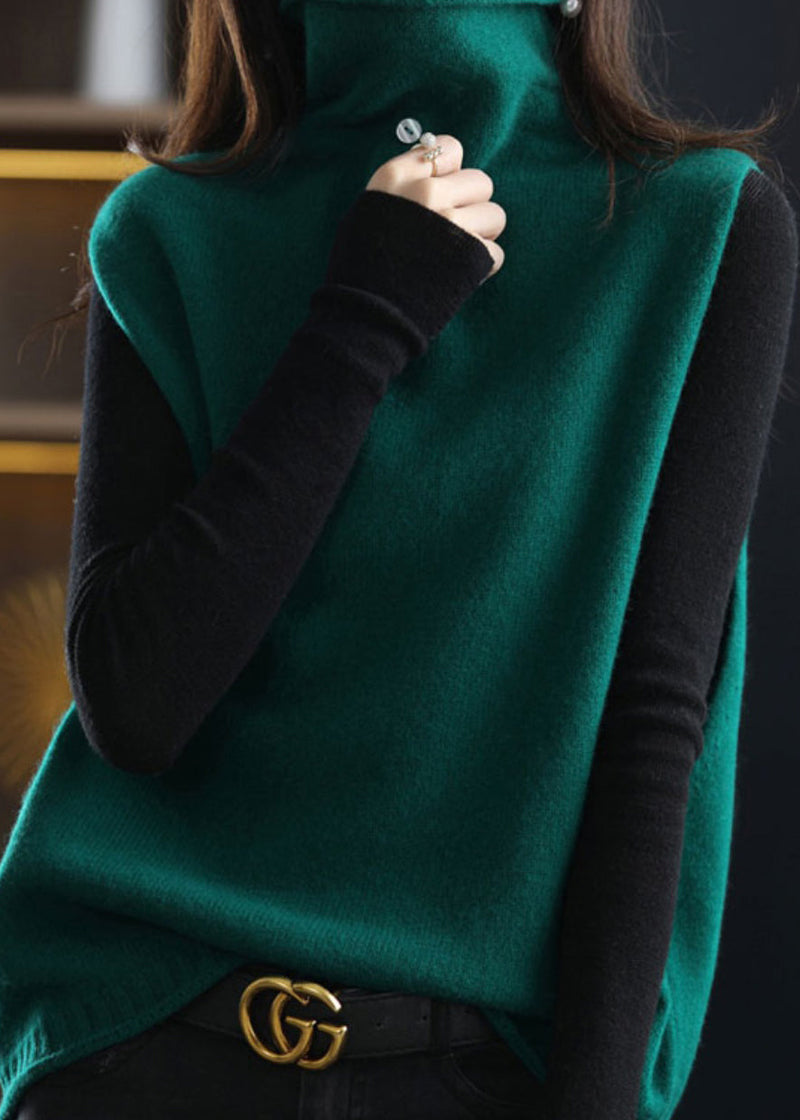 Stylish Blackish Green Turtle Neck Thick Woolen Knit Vest Sleeveless