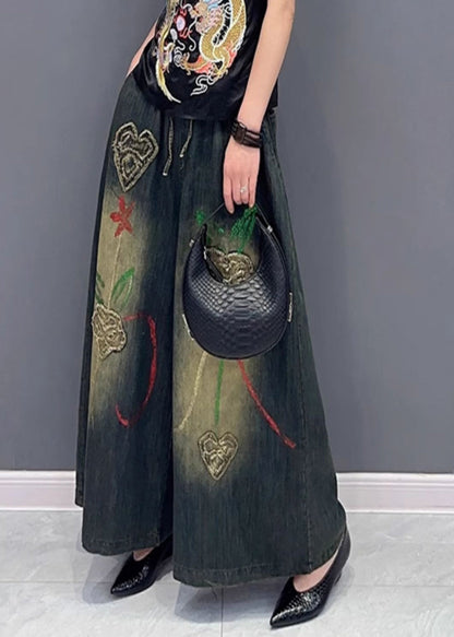 Embroidered Elastic Waist Wide Leg Jeans