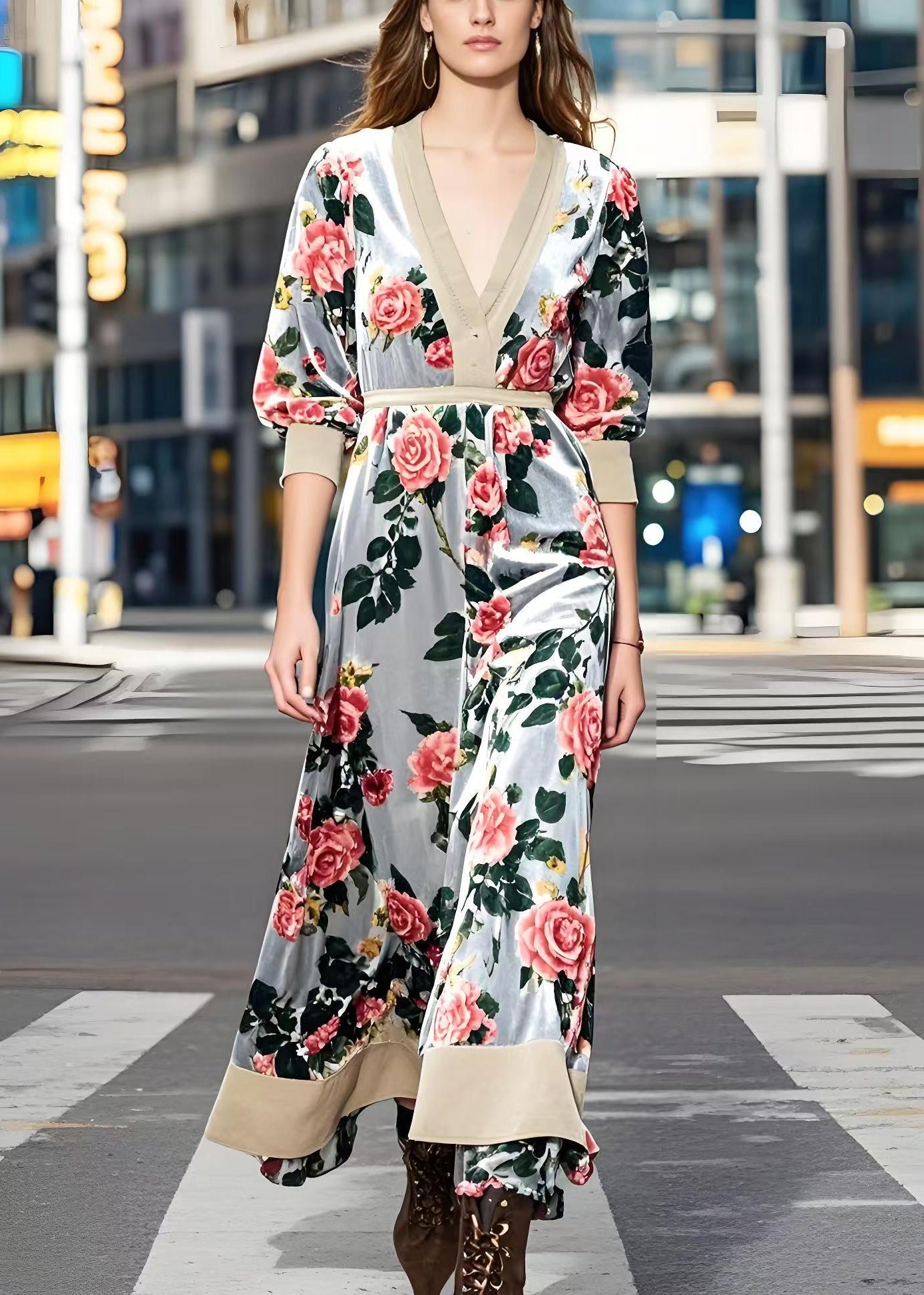 Light Grey Cinched Silk Velour Maxi Dress Spring