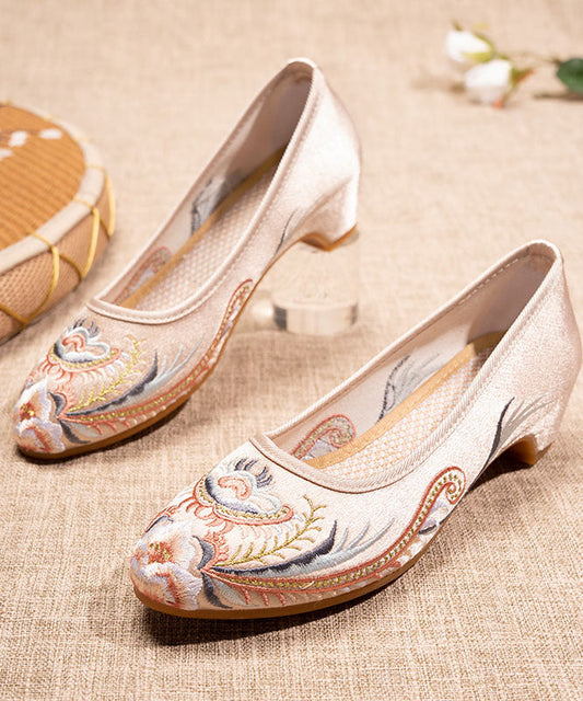 Splicing Pointed Toe Chunky Beige Satin Embroideried