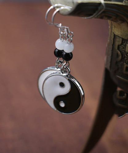 Black and White Sterling Silver Jade Tai Chi Circular Drop Earrings