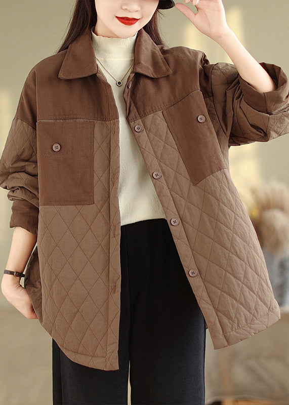 Coffee Oversized Patchwork Fine Cotton Filled Jacket Winter