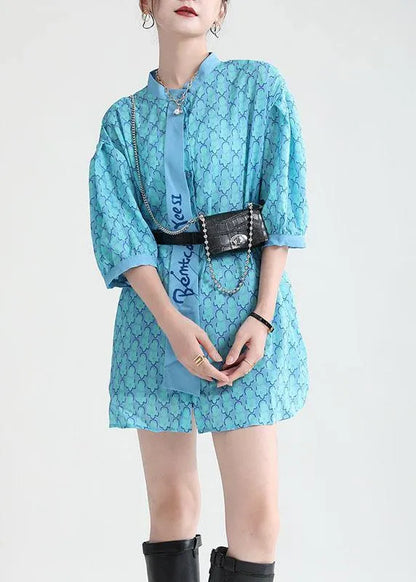 Fine Blue Print Stand Collar Asymmetrical Design Half Sleeve Top