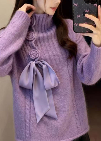 French Purple Hign Neck Knit Sweaters Winter