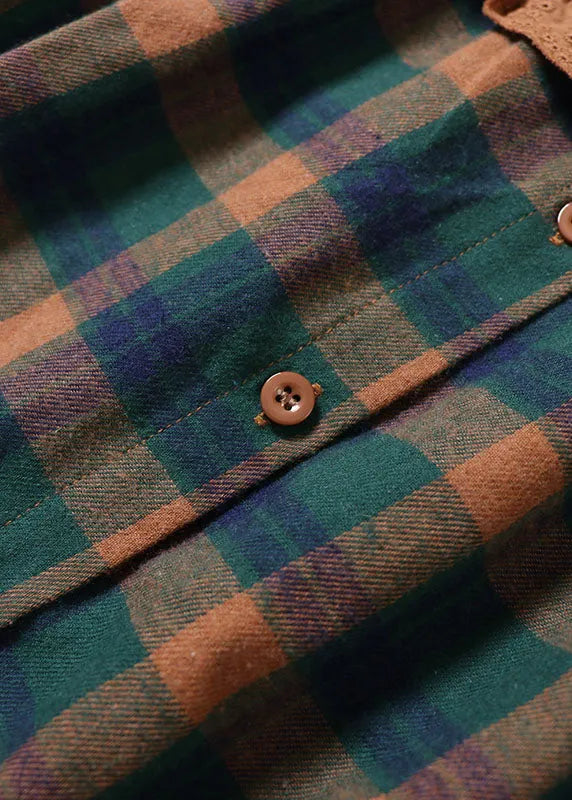 Green Embroideried Plaid Cotton Shirt Top Spring