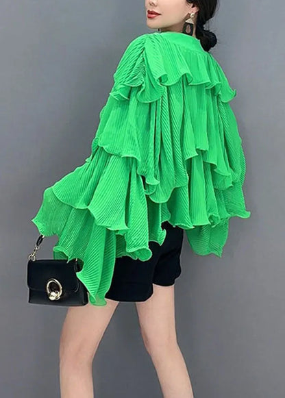 Green Asymmetrical Ruffled Patchwork Chiffon Tops Spring