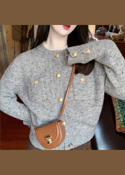 Grey O Neck Button Knit Short Sweater Cardigan Fall