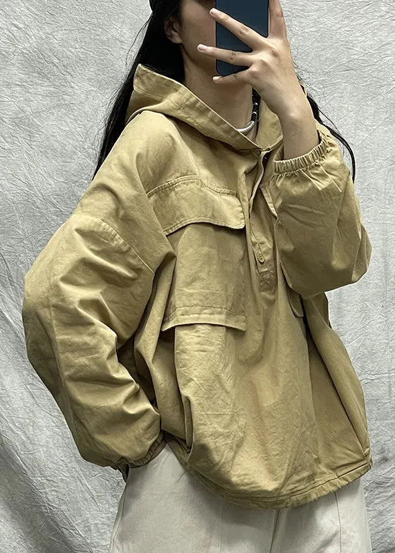 Black Button Hooded Pocket Cotton Loose Sweatshirts Top Long Sleeve