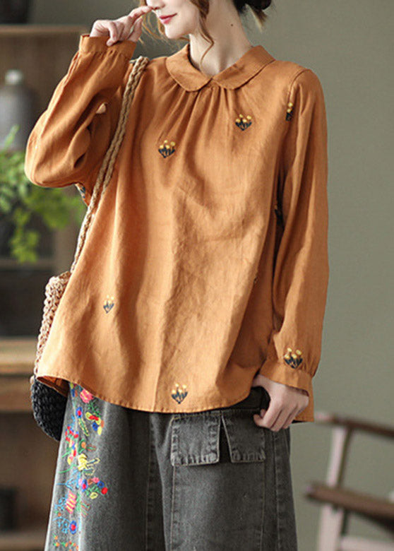 Orange Peter Pan Collar Embroideried Linen Shirt Long Sleeve