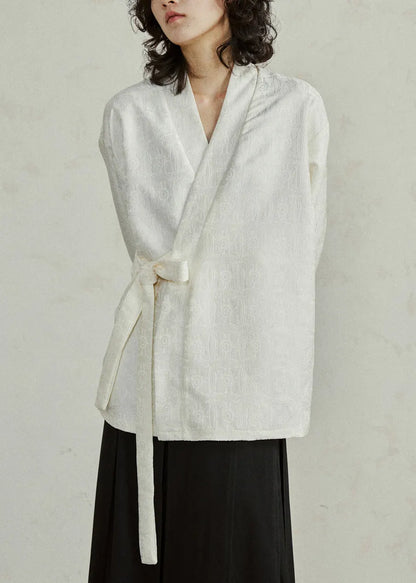 Jacquard Beige V Neck Top Long Sleeve