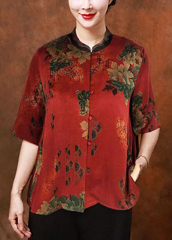 French Blue O-neck Print Button Silk Shirt Tops Half Sleeve