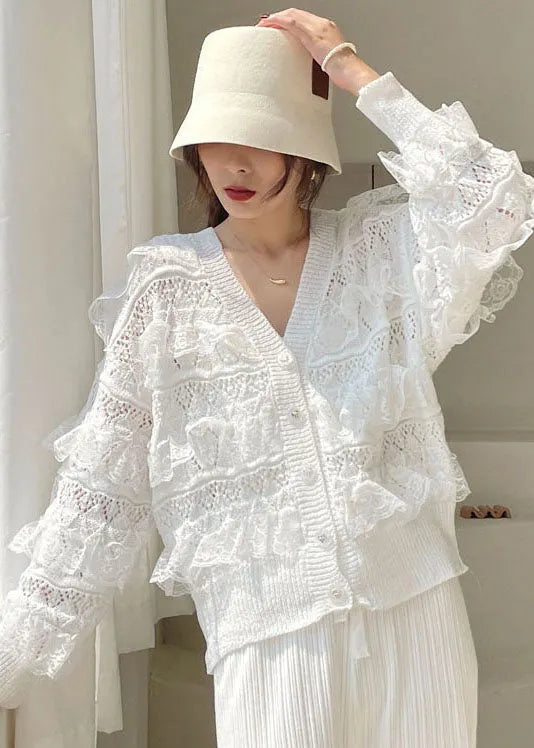 White V Neck Hollow Out Ruffled Blouses Spring