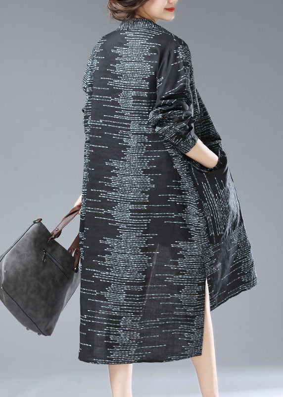 Black Peter Pan Collar Print Pockets Patchwork Cotton Long Coat Fall