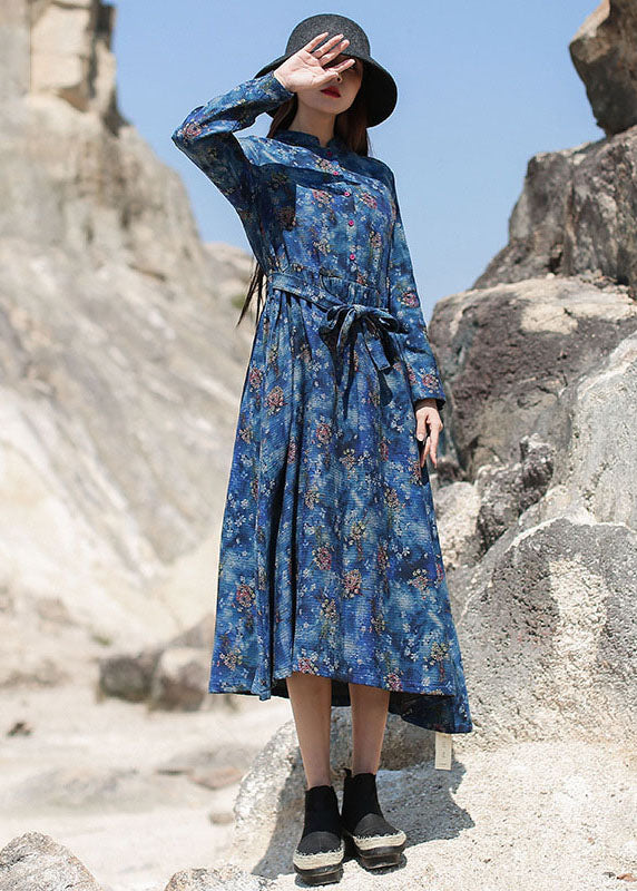 Blue Cinched Print Long Dresses Spring