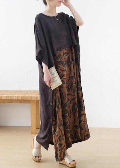 Grey Silk Blended Patchwork Print Holiday Dress Summer