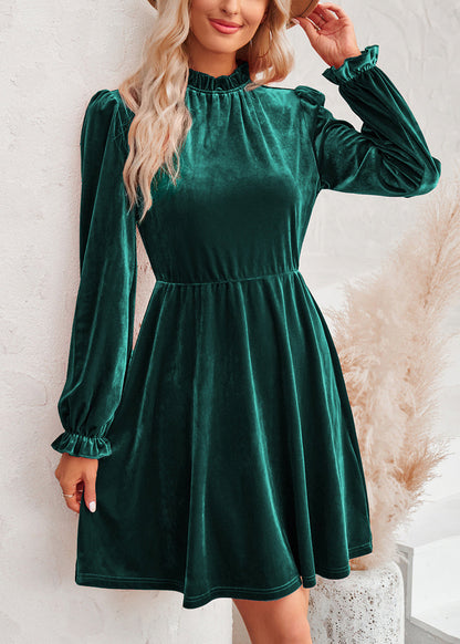 Blackish Green Ruffled Patchwork Velour Mid Dress Fall
