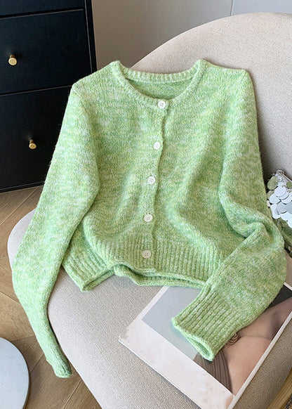 Fitted Green O-neck Button Cozy Cotton Knit Cardigan Winter