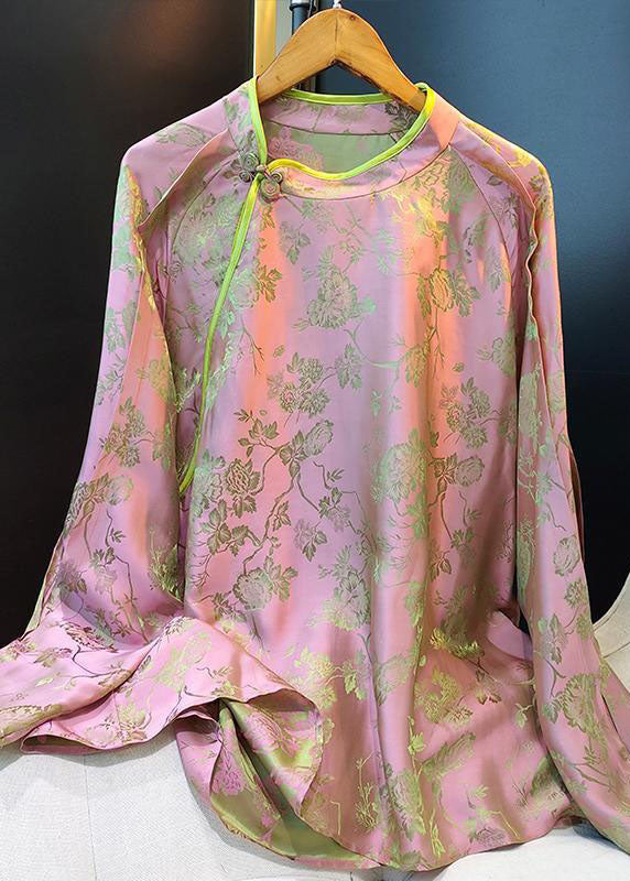 Oriental Pink Stand Collar Button Asymmetrical Print Silk Tops Spring